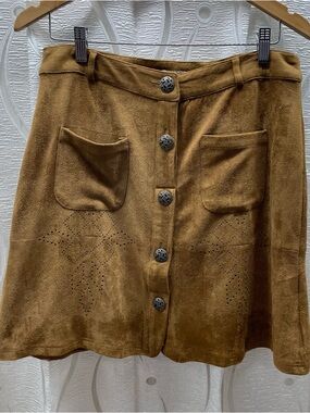 Cream Flora Skirt Womens 40 Brown Excellent Faux Suede Button Front Boho Mini
